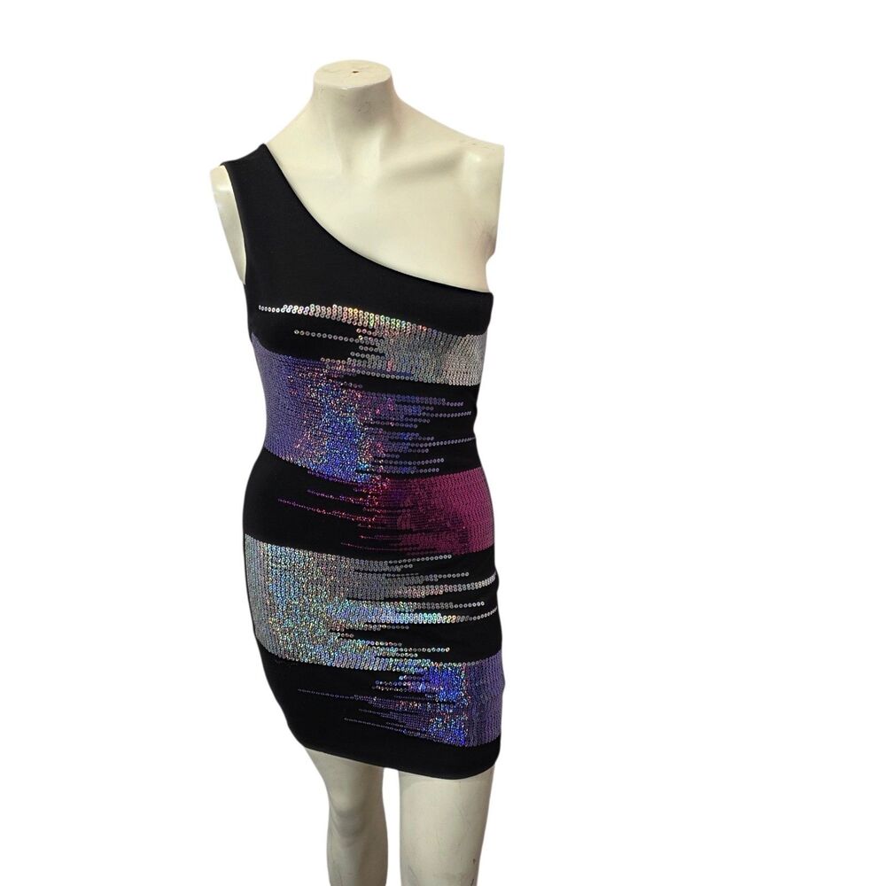 Forever 21 One Shoulder Sequin Bodycon Mini Dress Black Club Party Womens‎ M
